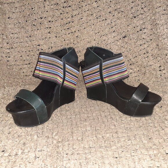 UNITED NUDE-Colorful Rainbow Elastic Strap-Black Leather Wedge-Sz 36-Excellent - Picture 4 of 8